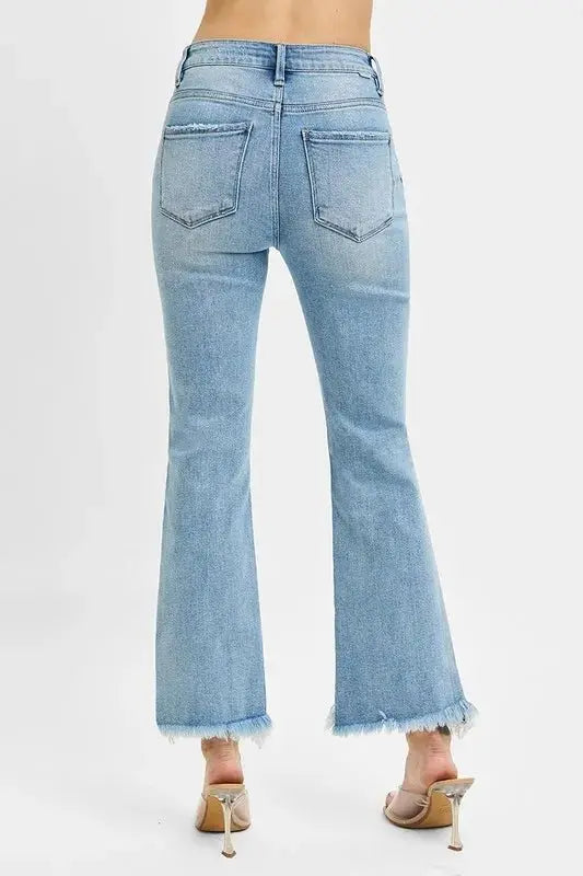 RISEN High Rise Crop Bootcut Fray Hem Jeans for Women - Love Salve